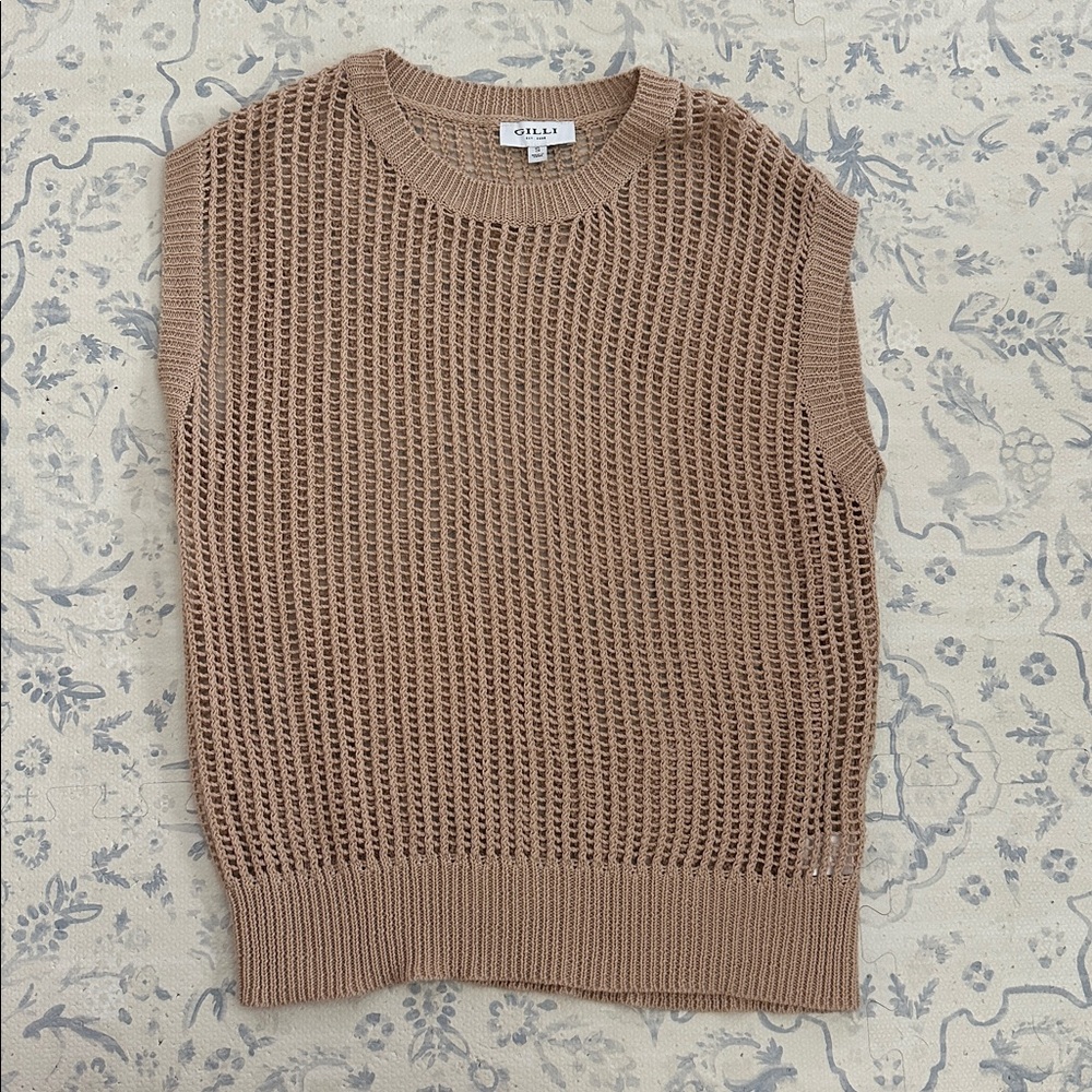 Dilli Tan Sleeveless Open Knit Sweater